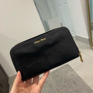 Miu Miu Black Madras Leather Long Wallet Zip Up Gold Hardware